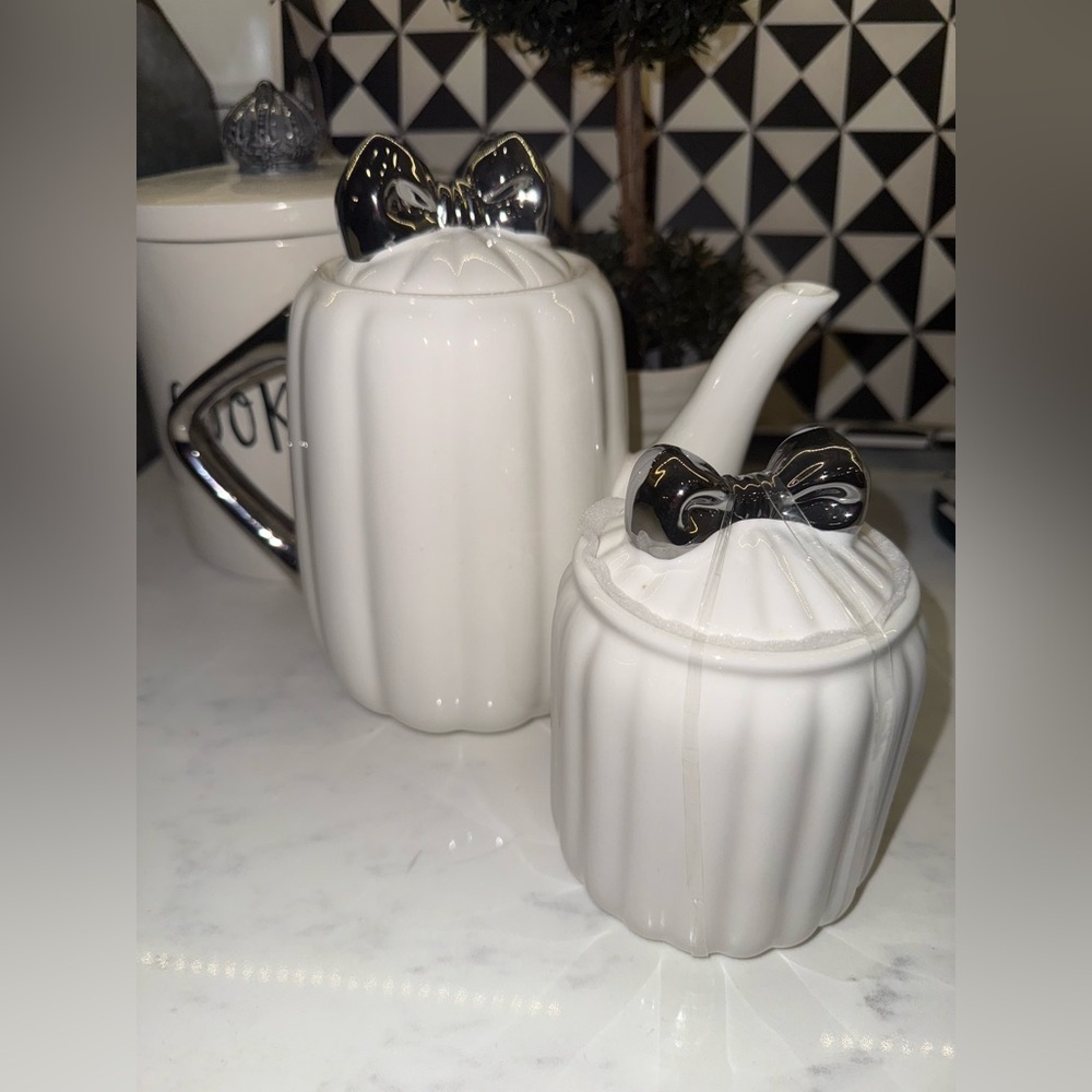 White Ceramic Canister Set with Silver Bows